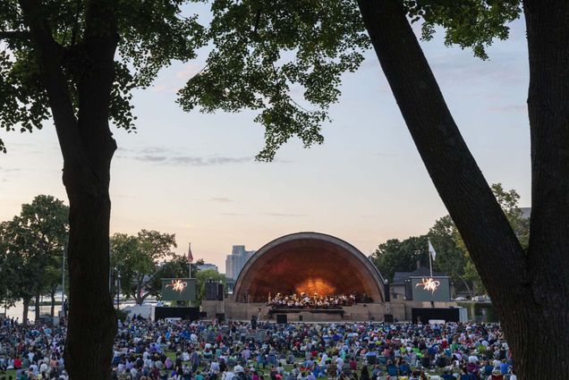 Photo: The hatch bandshell on Boston's Esplanade, with a large crowd of people watching an orchestra performance