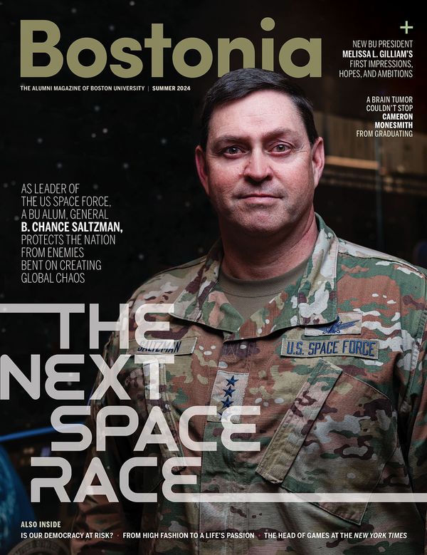 Cover of Summer 2024 Bostonia Issue depicting General B. Chance Salzman and text reading "The Next Space Race"