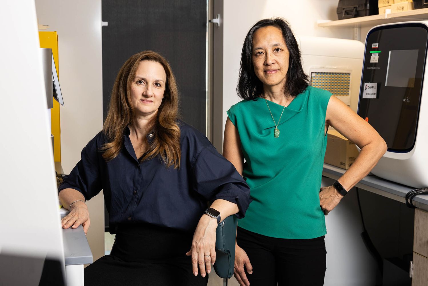 Photo: Two woman, Cathie Klapperich, left, and Joyce Wong, pose next to each other in their lab at BU.