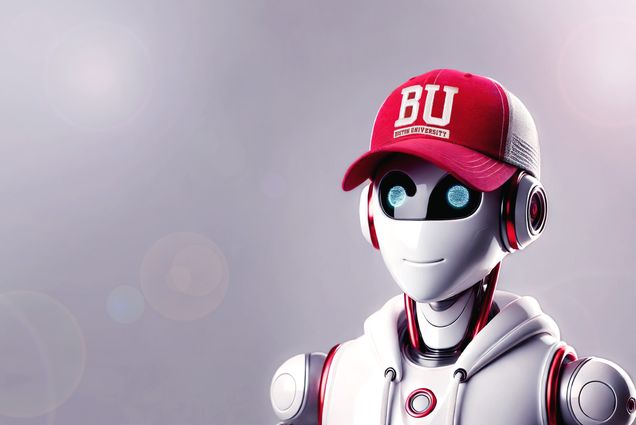 AI illustration of a robot wearing a Boston University hat