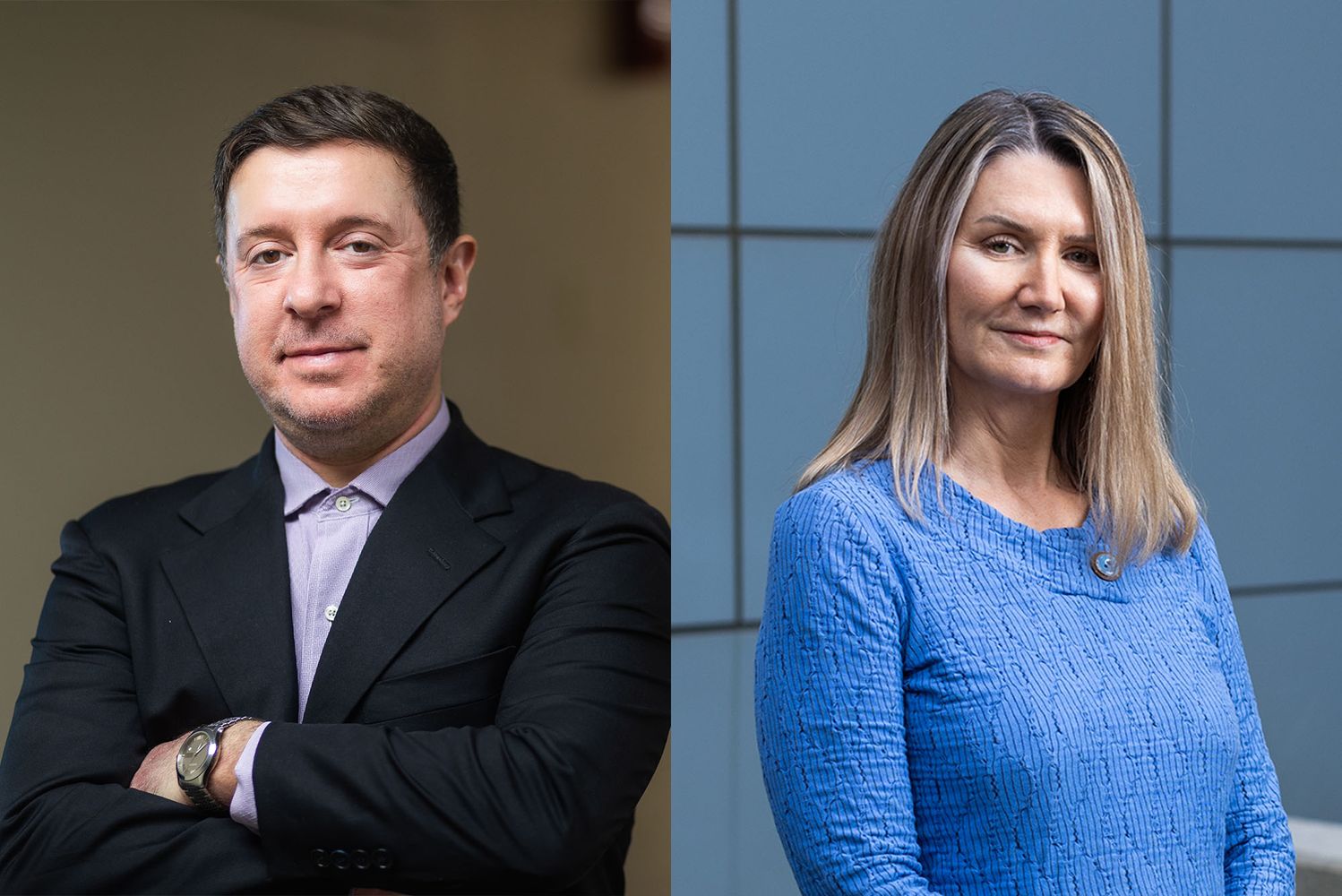 Photo: A man in a suit and a woman in an elegant blue top stand side by side in this composite headshot image