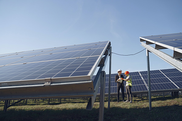 Environmental Law at BU Law. Two workers standing between solar panels.