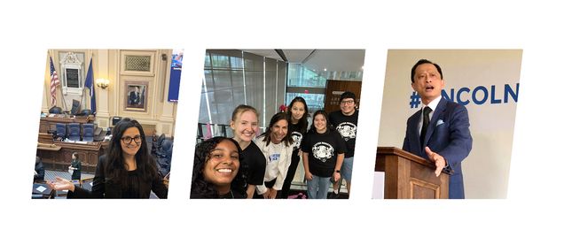 Gabrielle Goldstein in the Virginia State House, Rachel Jeck with RegisterHer organizers, and Robert Tsai delivering a talk.