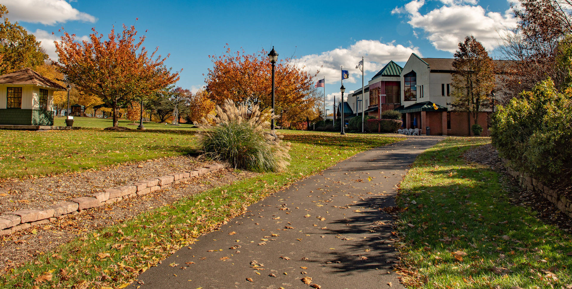 sunny day outside of gateway center on newtown campus