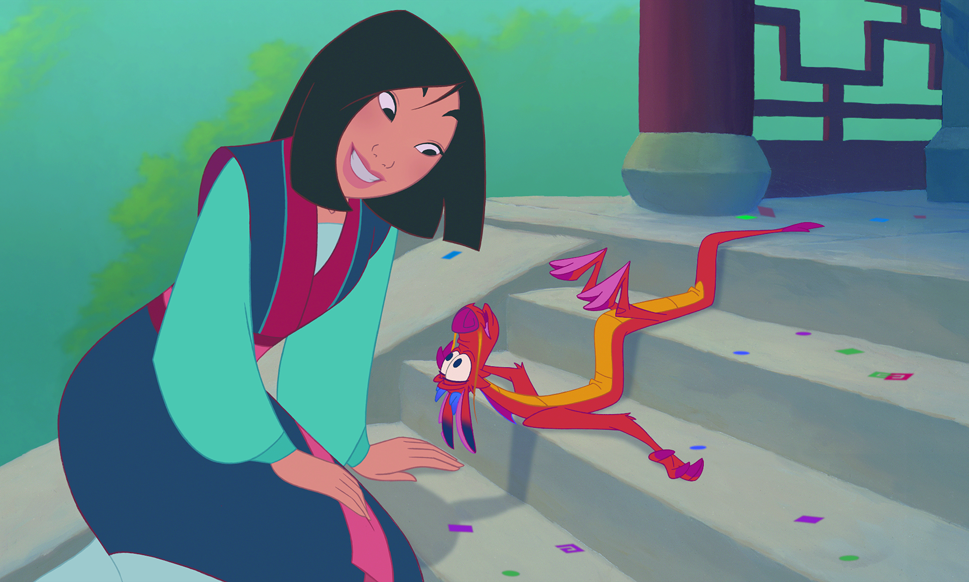 Animated still of Mulan and Mu Shu