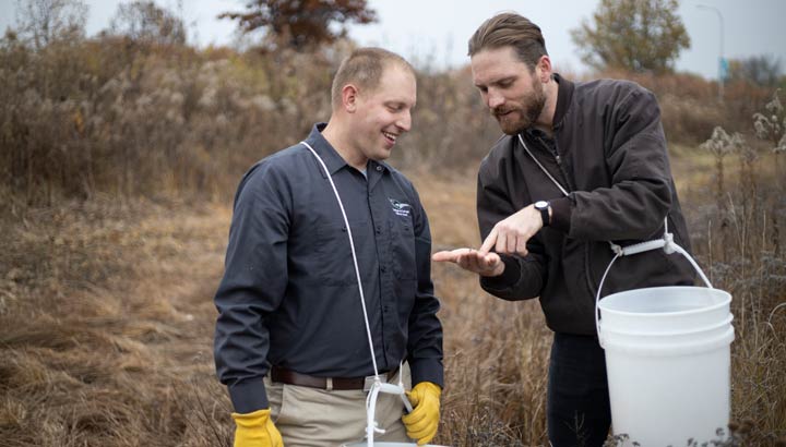 two males inspecting seeds in the prairie