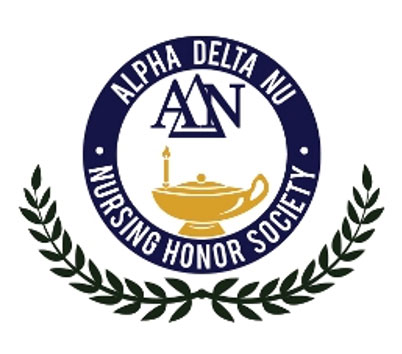 Alpha Delta Nu Nursing Honor Society icon with leaves beneath the icon