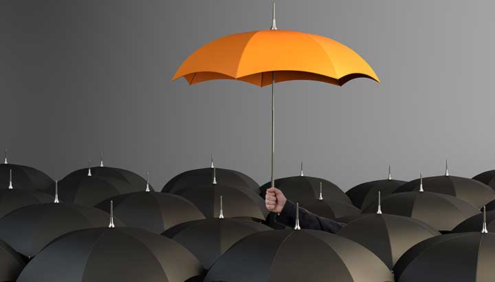 Gold umbrella above a crowd of black umbrellas