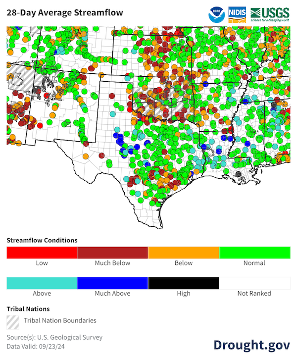 28-day average streamflow, as of  September 23rd, 2024, is below or much below normal across portions of central Kansas and western Texas.