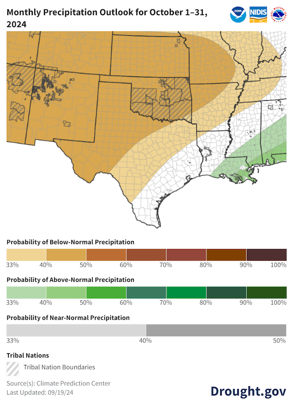 : For October, odds slightly favor below-normal precipitation (33%-50% probabilities) across Kansas, Oklahoma and northern and western Texas. 