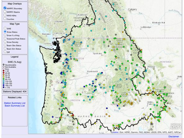 Snow status map from the Northwest River Forecast Center