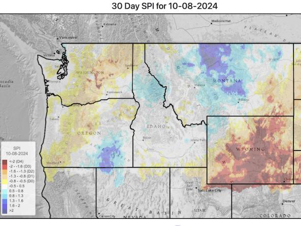 Representative map of 30-day SPI from the Upper Missouri River Basin Dashboard.