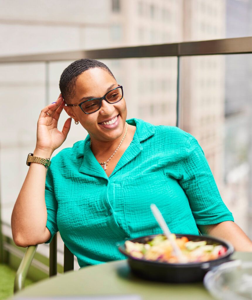 A person at work, eating their lunch and having fun