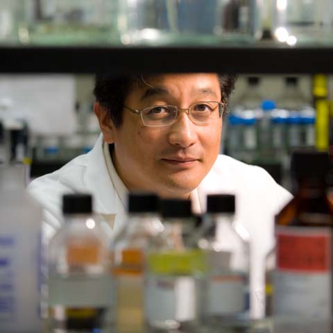 Faculty member looking between shelves in Chemistry lab