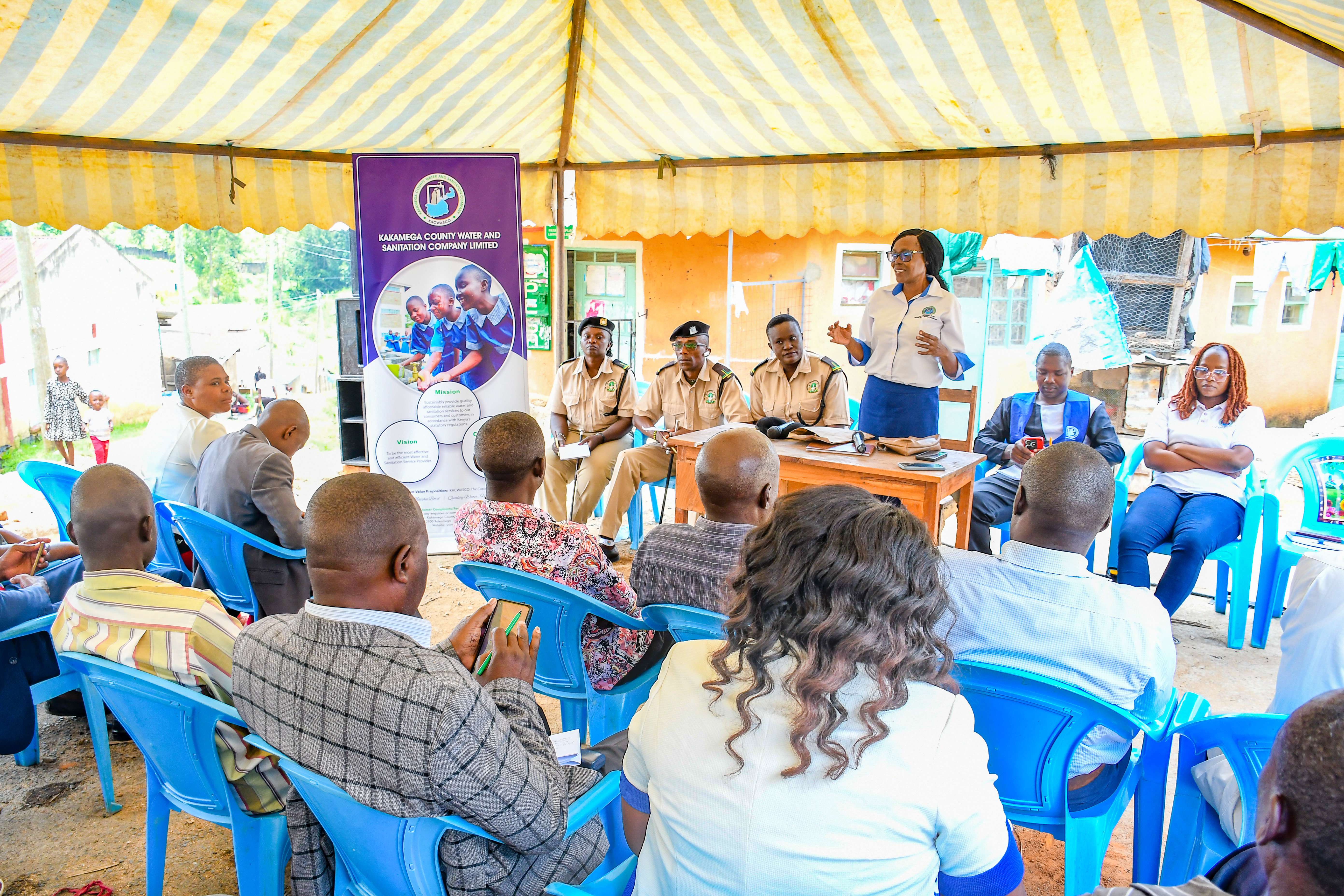 In October 2024, USAID, with Kakamega County utility KACWASCO, conducted public meetings in Kefinco-Juakali to sensitize the public on the proposed water infrastructure upgrades. Photo credit: USAID Western Kenya Water Project