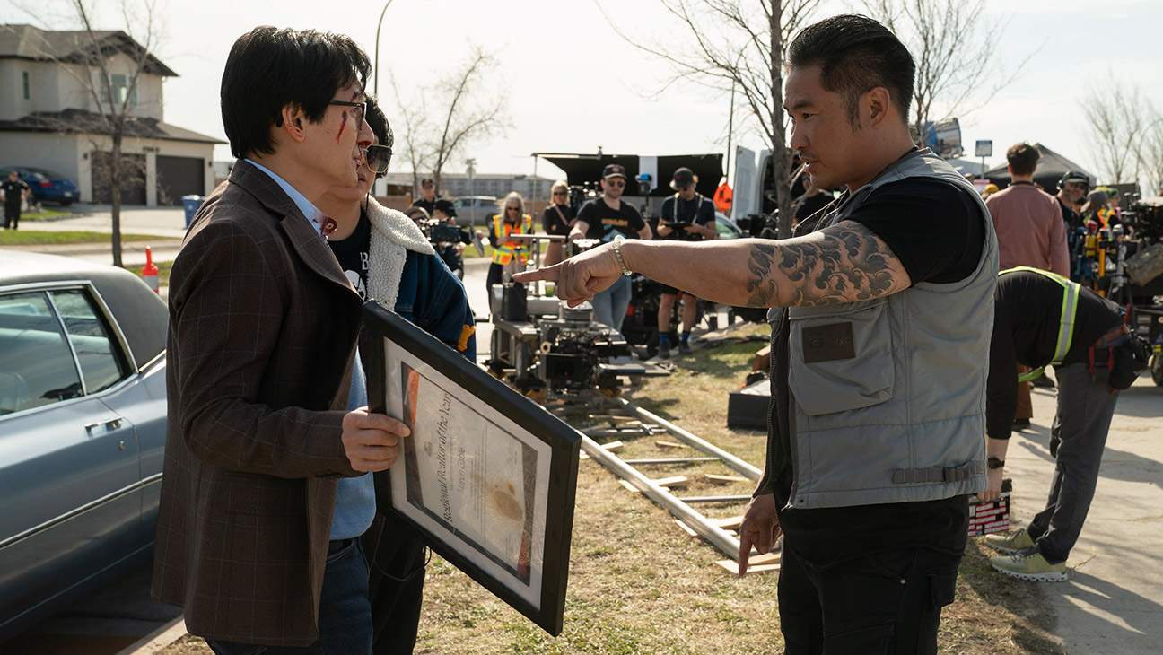 Front L to R: Ke Huy Quan (as Marvin Gable) and director Jonathan Eusebio on the set of Love Hurts