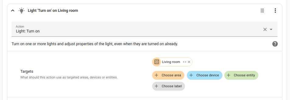 A new automation with the action set up to turn on the lights in the living room.