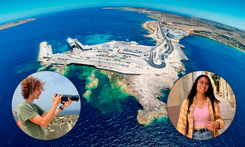 Aerial view of Malta with insets of two students.