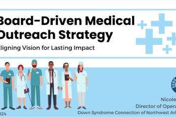 Presentation slide with title "Board-Driven Medical Outreach Strategy: Aligning Vision for Lasting Impact." Illustrations of medical providers standing together.