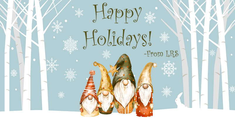 Four gnomes with a happy holidays greeting