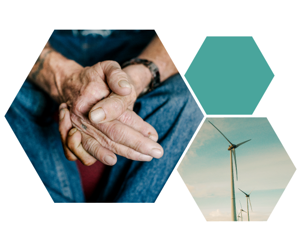 Hexagon collage with images of hands folded and of wind turbines