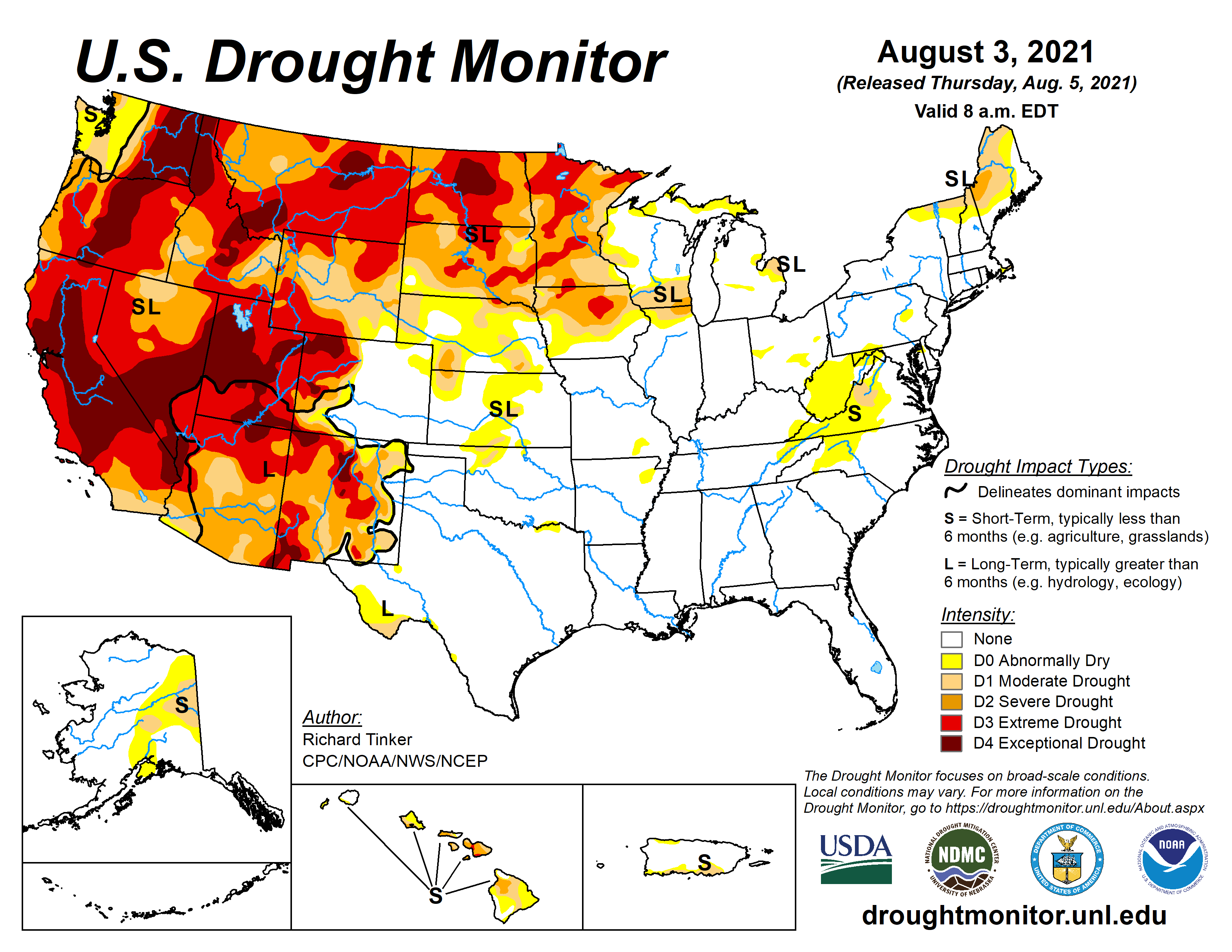 Mapa de las condiciones de sequía en los EE. UU. para la semana de 3 de agosto del 2021. (Source: U.S. Drought Monitor)