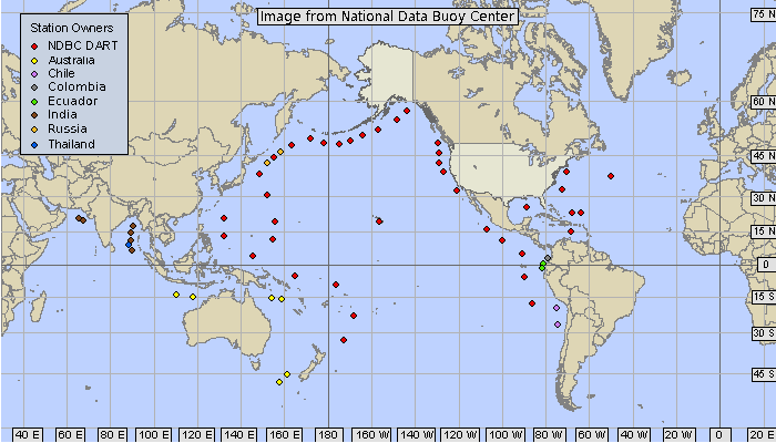 Map of DART® buoy locations. Red diamonds indicate U.S. buoys. Courtesy of NOAA National Data Buoy Center.