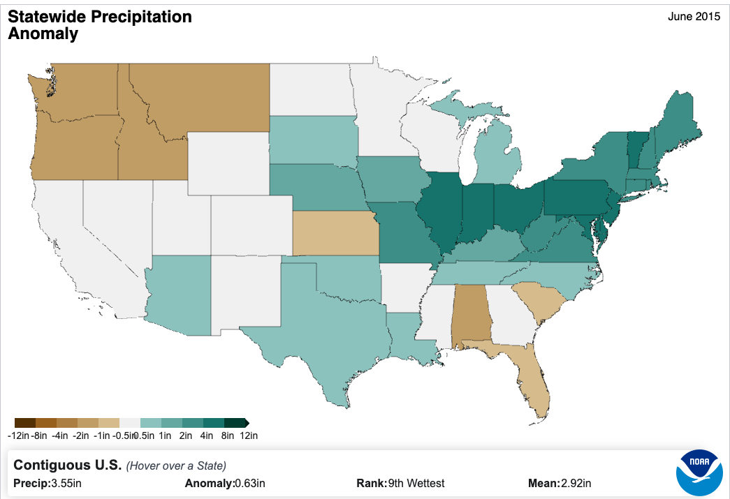 Mapa de la anomalía de precipitación estatal en los Estados Unidos en junio del 2015. La parte inferior muestra los valores: Precipitación: 3.55 pulgadas; Anomalía: 0.63 pulgadas; Clasificación: 9º más húmedo; Media: 2.92 pulgadas.