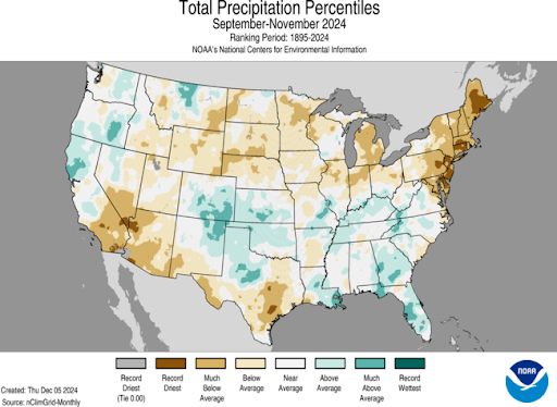 Map of the United States depicting Total Precipitation Percentiles from September–November 2024. 