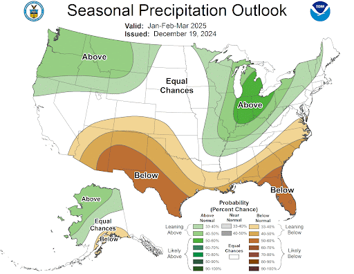 Map of the United States depicting the Seasonal Precipitation Outlook for January–March 2025.