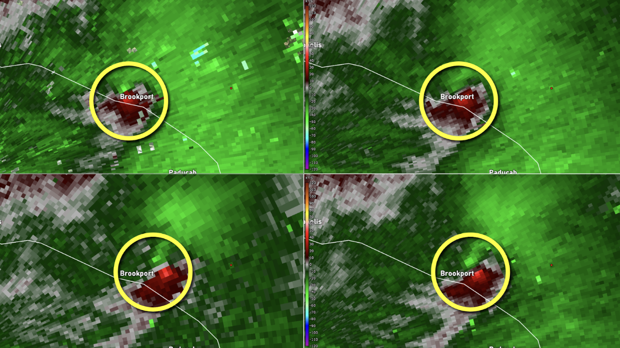 Clockwise from top left are the four lowest elevation angles (0.5°, 0.9°, 1.3°, and 1.8°). 