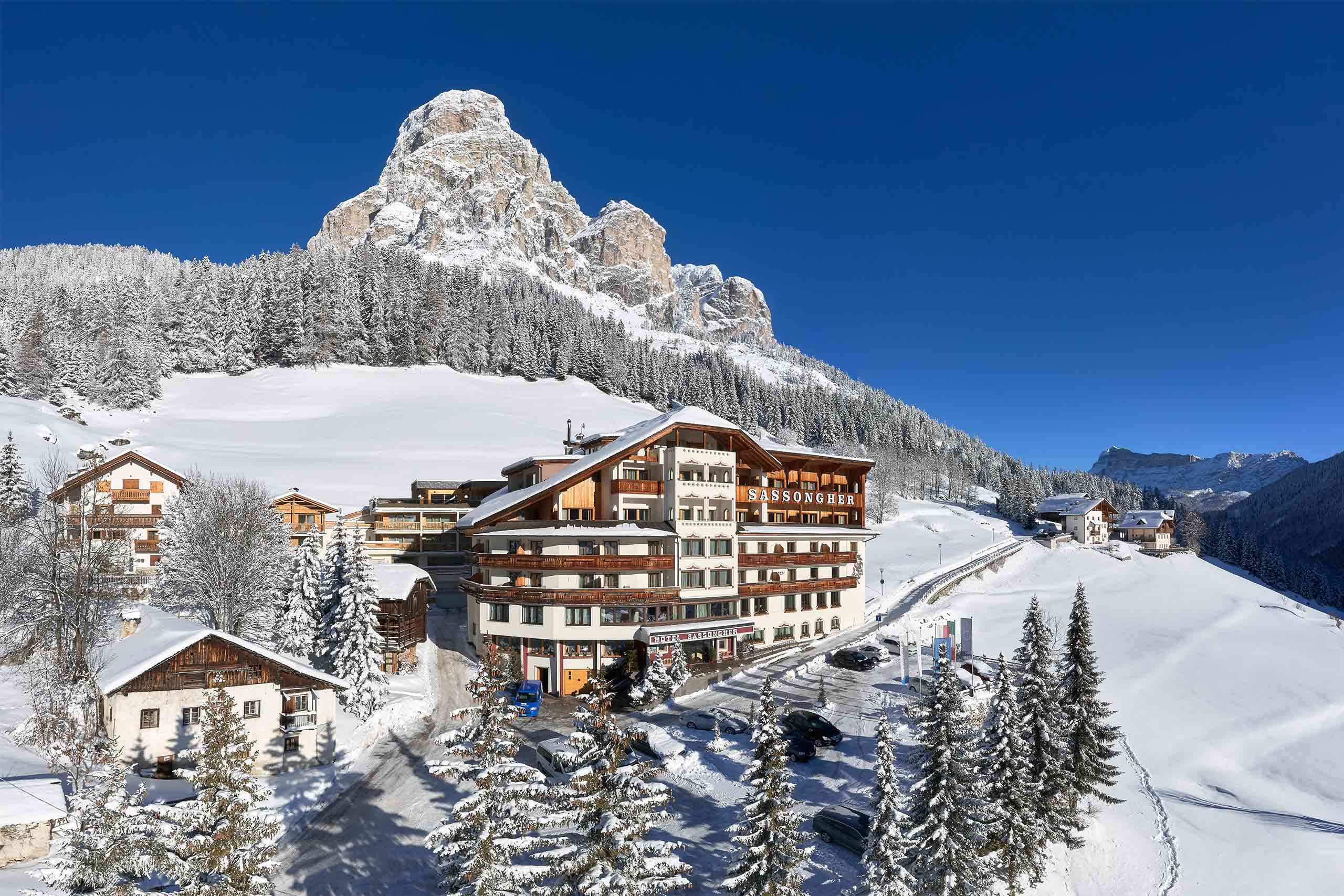 Aerial view of the Hotel Sassongher, Corvara, Alta Badia, Italy