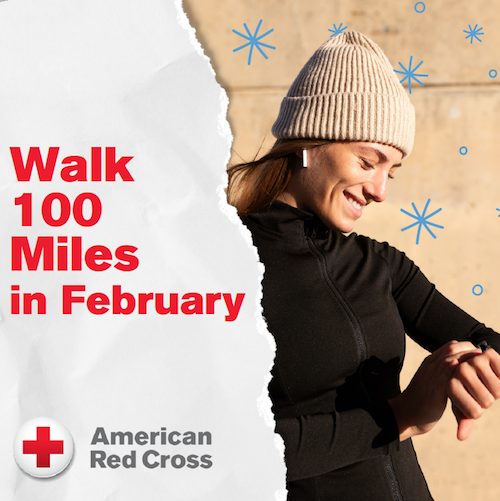 Walk 100 Miles Facebook Challenge banner with athletic woman looking at her fitness watch