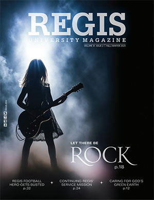 Cover of the 2023 Fall/Winter Regis Magazine featuring the cover story "Let there be rock" and an image of a guitarist silhouetted against moody stage fog