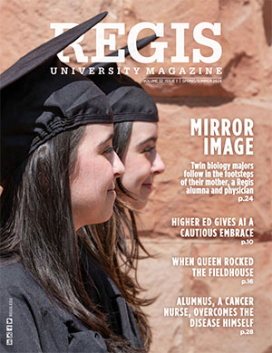 Cover of the 2024 Spring/Summer Regis Magazine featuring the cover story "Mirror Image" and a photo of a pair of twins in the graduation regalia