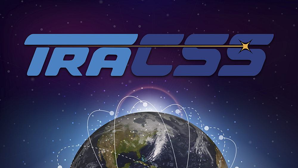 TraCSS Logo over the Earth with objects orbiting around it.