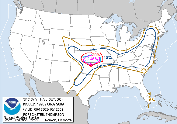 20090609 1630 UTC Day 1 Large Hail Probabilities Graphic