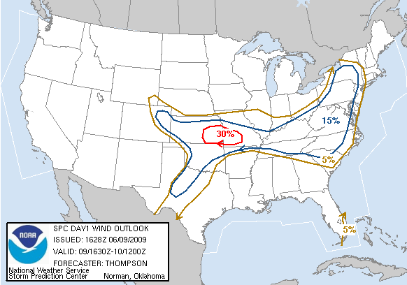 20090609 1630 UTC Day 1 Damaging Wind Probabilities Graphic