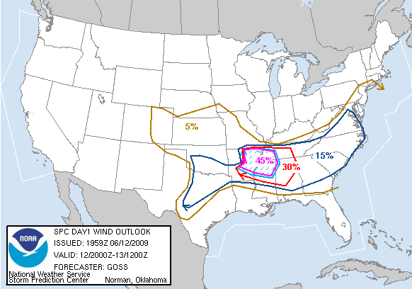 20090612 2000 UTC Day 1 Damaging Wind Probabilities Graphic