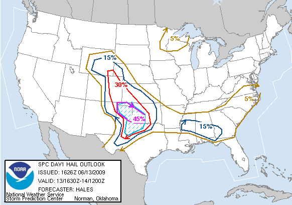 20090613 1630 UTC Day 1 Large Hail Probabilities Graphic