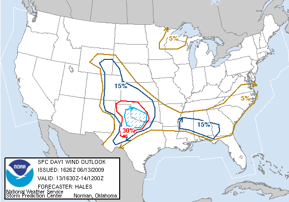 20090613 1630 UTC Day 1 Damaging Wind Probabilities Graphic