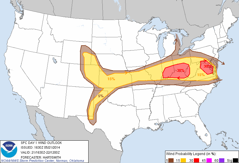 20140521 1630 UTC Day 1 Damaging Wind Probabilities Graphic