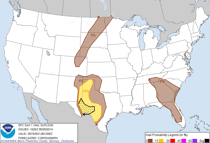 20140525 1630 UTC Day 1 Large Hail Probabilities Graphic