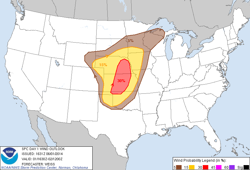 20140601 1630 UTC Day 1 Damaging Wind Probabilities Graphic