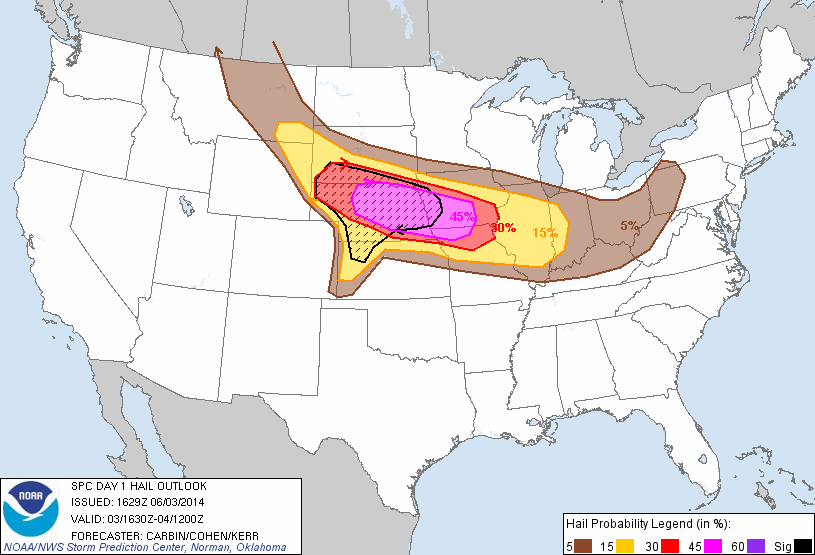 20140603 1630 UTC Day 1 Large Hail Probabilities Graphic