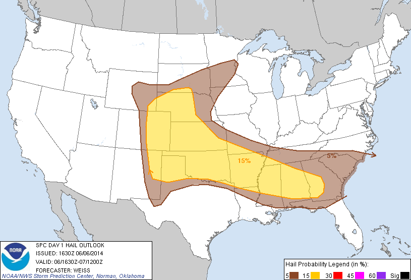 20140606 1630 UTC Day 1 Large Hail Probabilities Graphic