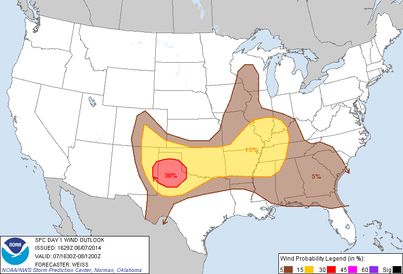 20140607 1630 UTC Day 1 Damaging Wind Probabilities Graphic