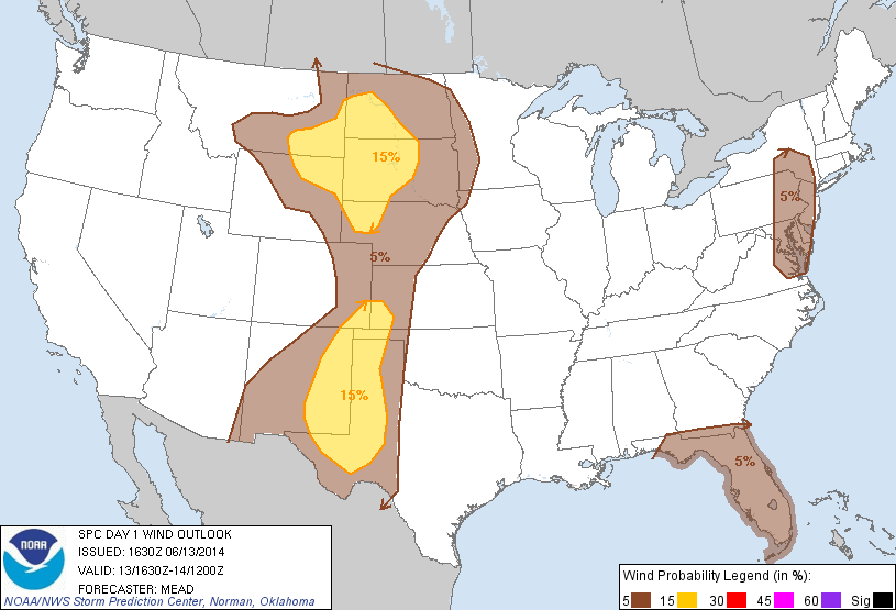 20140613 1630 UTC Day 1 Damaging Wind Probabilities Graphic