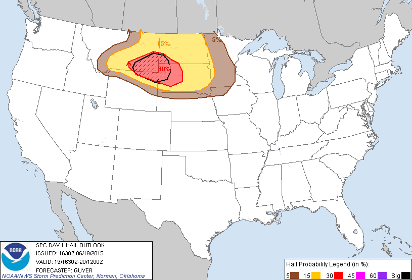 20150619 1630 UTC Day 1 Large Hail Probabilities Graphic