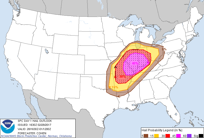 20170228 1630 UTC Day 1 Large Hail Probabilities Graphic